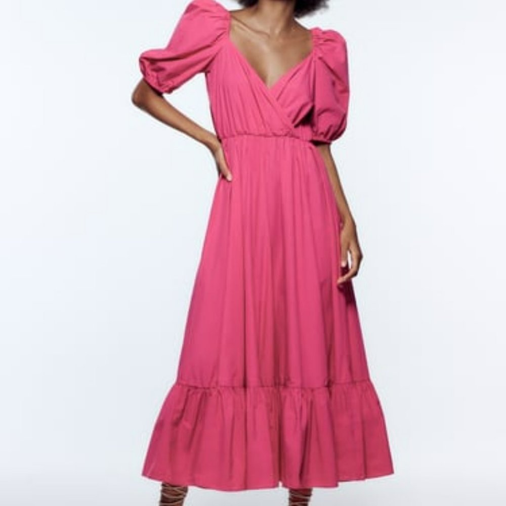 Zara PUFF SLEEVE MIDI DRESS DARK FUCHSIA (New with tags)